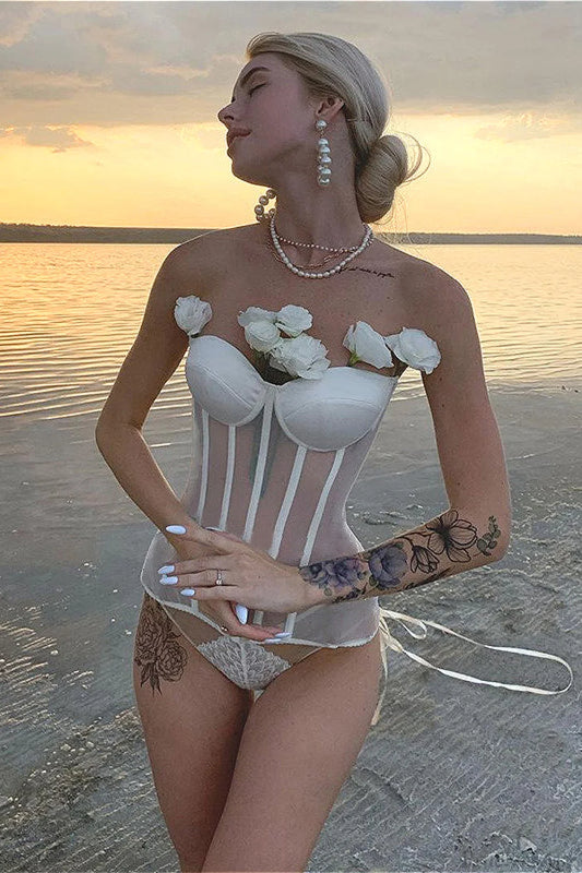 Mesh Cup Lace Up Slim Bustier Corset White / S