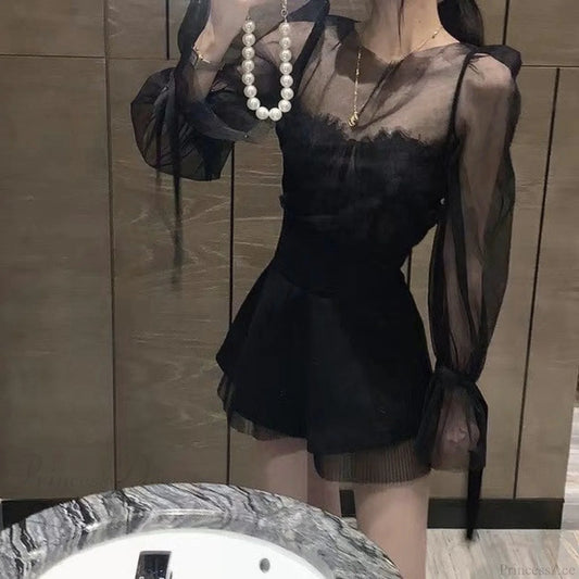 French Warm-Season Blouse Sling Retro Mujer Slimming Arm Blusas Women Mesh Sexy Top Long De Lace