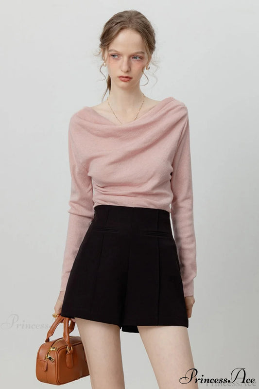 Off-Shoulder Draped Collar Waist-Cinched Knit Top Blue / S