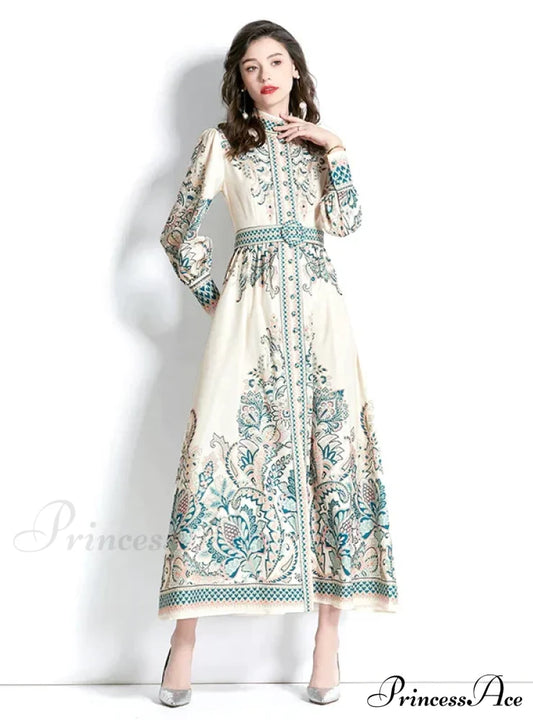 Palace Lantern Sleeve Printed Dress S / Green