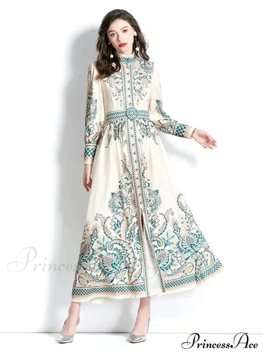 Palace Lantern Sleeve Printed Dress S / Yellow