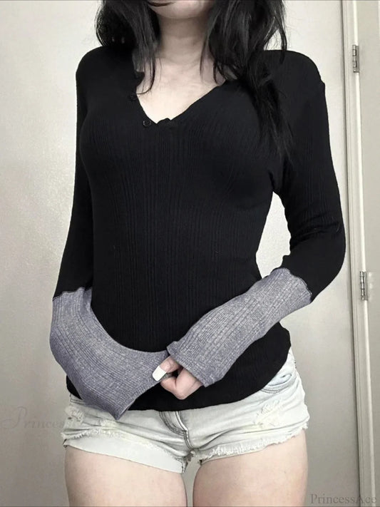 Patchwork Knitted Slim O-Neck Long Sleeve Knit Top Black / S knittop-250126