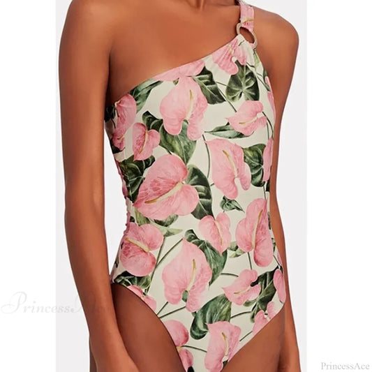 Pink Printed One Shoulder Tie One Piece Swimsuit onepiece-250223