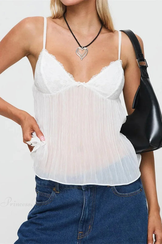 Pleated Bowknot Lace See-through Crop Top WHITE / S croptop-250126