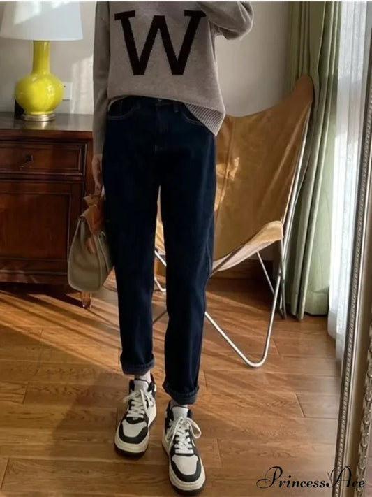 Plush Loose High-Waisted Slim Straight New Autumn Leg Fashion Jean Blue Grey / S