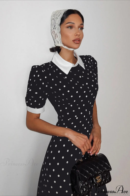 Polka Dot A Line Color Block Ruched Waist Maxi Dress Black / S