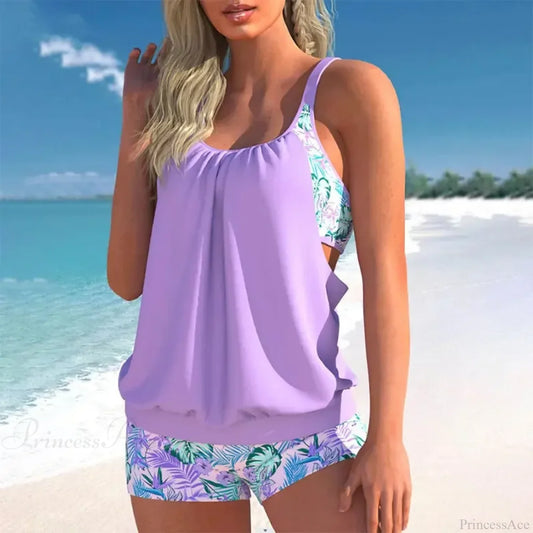 Print High Waist Tankini Two Piece Set purple / S