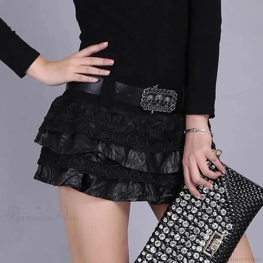 PU Leather Lace Patchwork Mini Skirt black / S