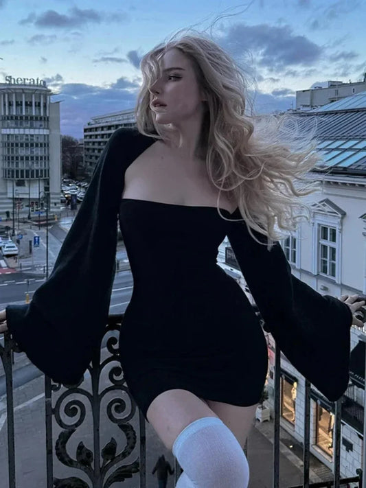 Puff Sleeve Square Collar Mini Dress Black / S