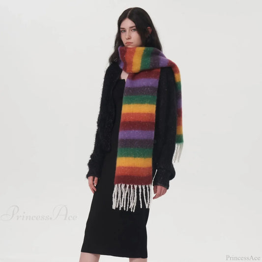 Rainbow Striped Thick Muffler Scarf For Autumn/Winter Warmth Scarfs-L