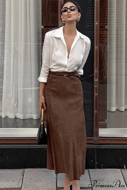 Retro Brown Suede High Waist Maxi Skirt