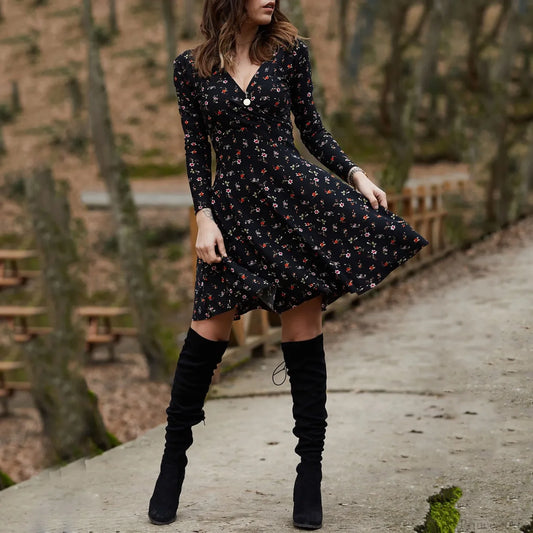 Retro Floral Swing Midi Floral Dress Black / S oldfloraldress-250126