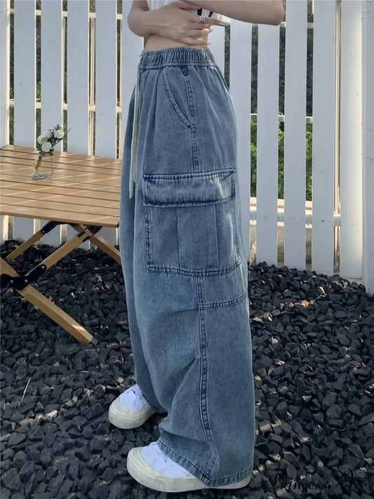 Retro Style Loose Multi Pocket Wide Leg Graffiti High Waist Straight Women’s Jean