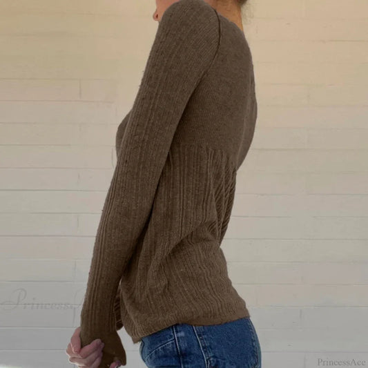 Ribbed Knit Slim Fit Button Front Long Sleeve Sweater Women knittop-250126