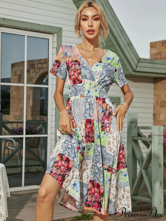 Robe V-Neck Long Coastal Short-Sleeved Casual A-Line - Retro Gown Green S / Green Dresses