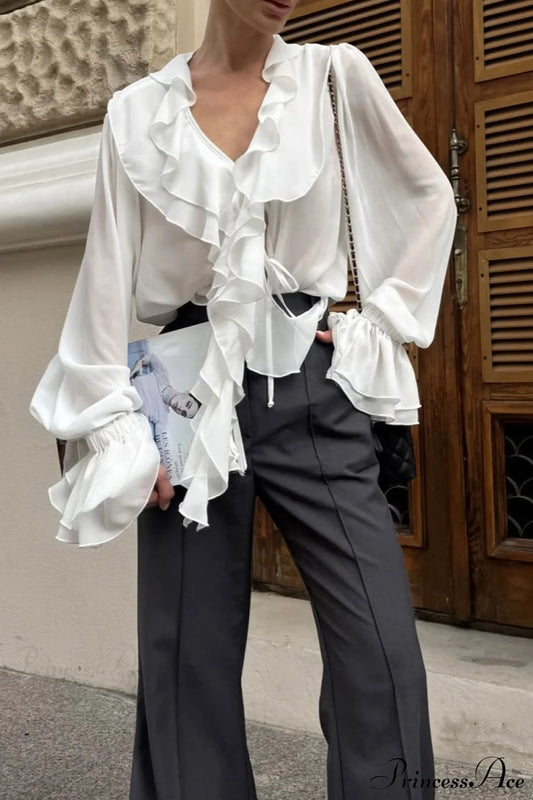 Ruffled V-Neck Long-Sleeve Tie-Waist French Blouse White / S