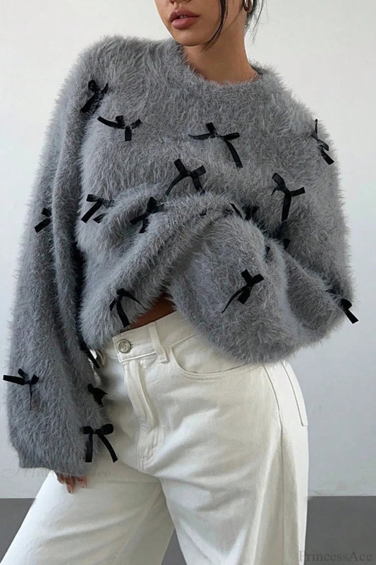 Seamoss Bow Decor Soft Crew Neck Loose Knit Sweater