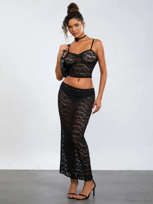 See-Through Black Lace Crochet Camis Crop Top Long Floral Skirt Black / S floraldress-250126