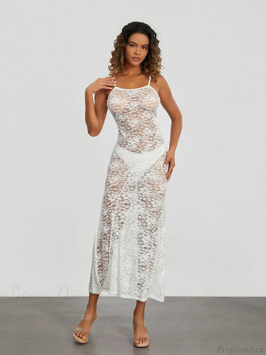 See-Through White Lace Sheer Backless Spaghetti Strap Sundress WHITE / S floraldress-250126