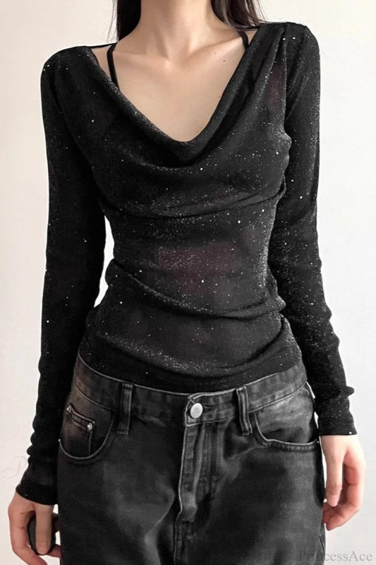 Sequined V-Neck Slim Elegant Long Sleeve Tee