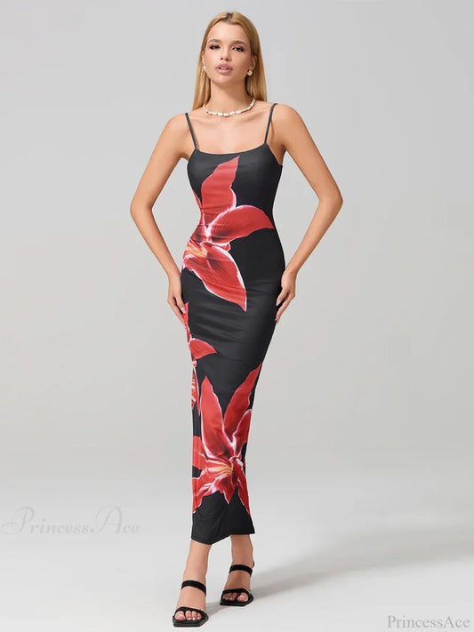 Sexy Spaghetti Straps Bodycon O-neck Wrap Cami Floral Dress BLACK / S floraldress-250126