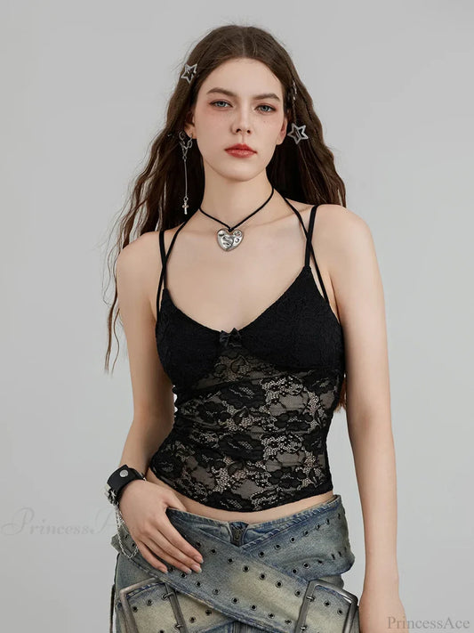 Sheer Lace Floral Halter Tie-up Nightclub Camisole Top Black / S croptop-250126