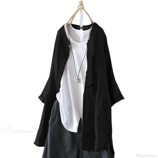 Size Long Arm Vintage Casual Cardigans Women’s Tunic Plus Cotton Button Blouse Tops Black / L
