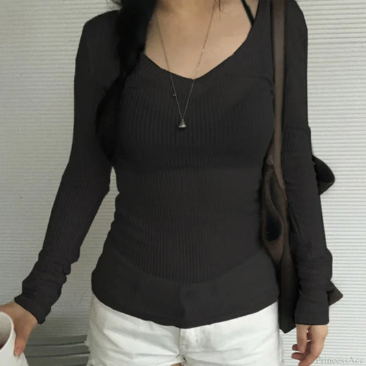 Slim-fitting Crop Top Micro-transparent V-neck Smock T-shirt Women Black / S knittop-250126
