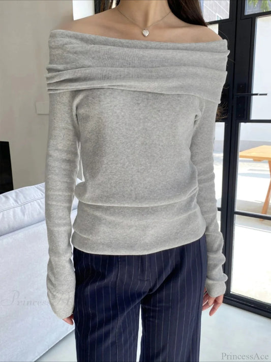 Slim Off-Shoulder Solid Slash Neck Long Sleeve Knit Top GRAY / S knittop-250126