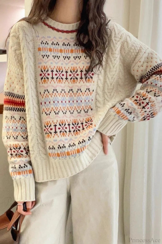 Slouchy Crew Neck Striped Colorful Sweater White / One size