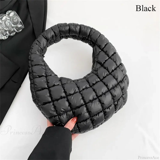 Small Quilted Tote Cotton Padded Shoulder Handbag Black handbag-250126