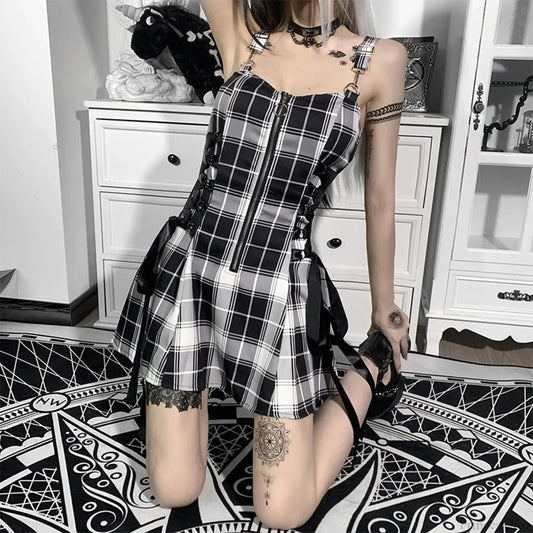 Soft Lace-up Checkered Mini Dress