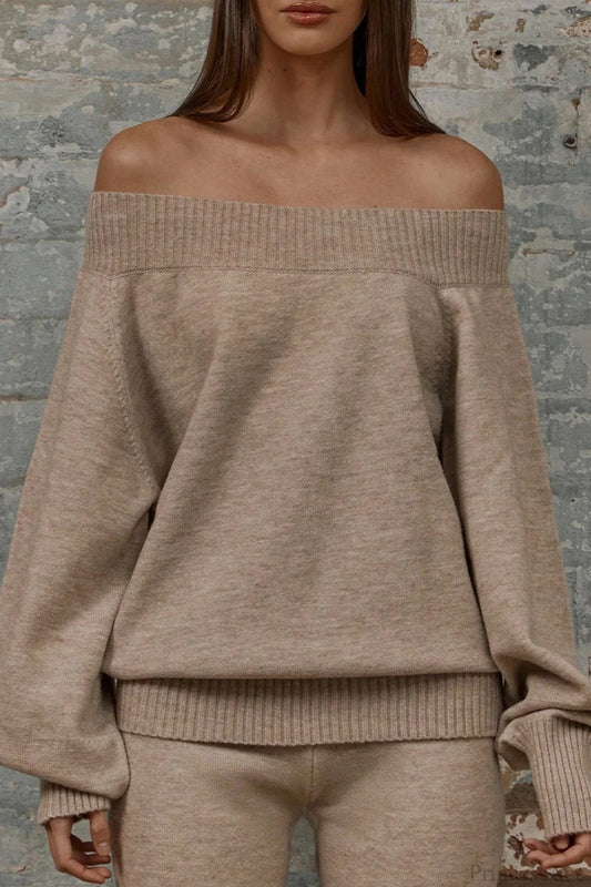 Solid Off Shoulder Loose Sweater Brown / S