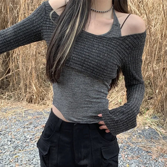 Solid Tank Tie-Up Halter Backless Long Sleeve Knit Top knittop-250126