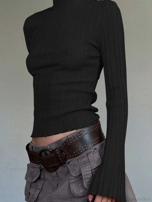 Solid Turtleneck Slim Flare Sleeve Long Sleeve Knit Top knittop-250126