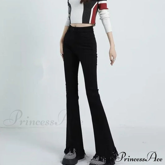 Spring And Autumn Vintage Blue Tassel Elastic Horseshoe Rugged Edge Micro Horn Jean Black / Xs