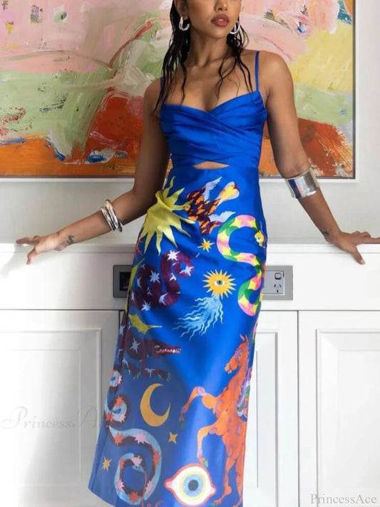 Summer Sexy Satin Backless Graceful Printed Sleeveless Midi Dress Blue / M Dresses