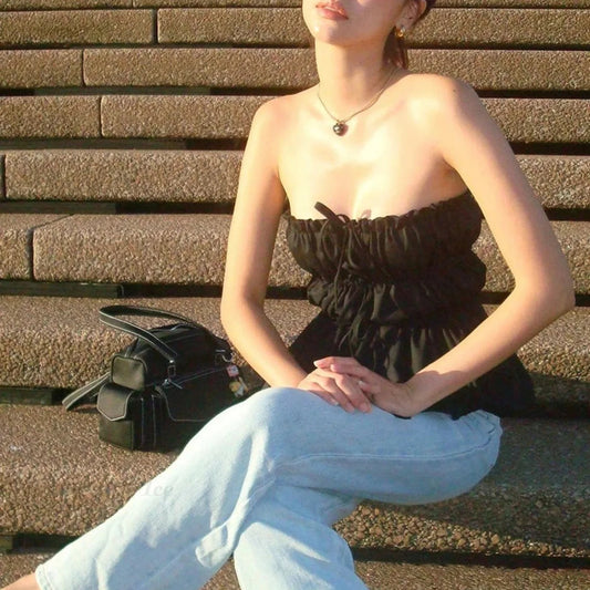 Sweet Ruched Tie Up Off Shoulder Sleeveless Slim Fit Y2K Strapless Crop Top Black / S croptop-250126