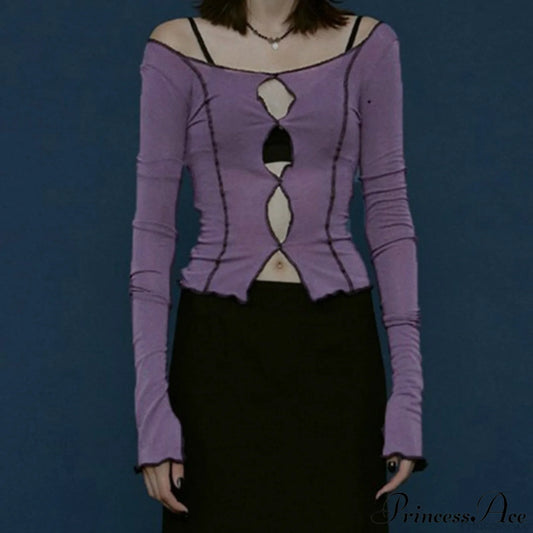 T-Shirt Arm Long For Hollow Top O-Neck Spring Casual Solid Out Women Purple / S