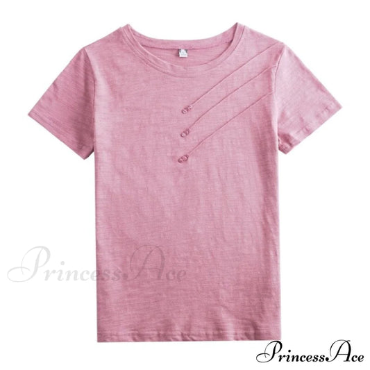 Tops Loose Tee-Shirts Blue Ribbed Warm-Season Cotton T-Shirts Casual Button O-Neck Fashion Korea