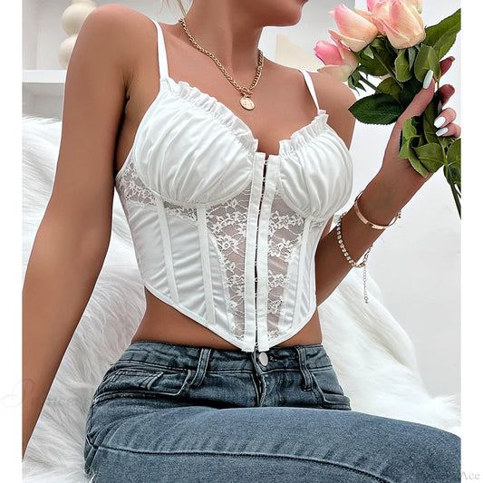 Trendy Mesh Fishbone Lace Pleated Sexy Crop Top White / S croptop-250126