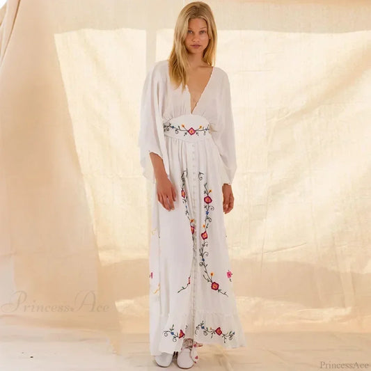 V-neck Embroidery Flower Retro National Boho Dress bohodress-250126