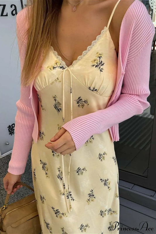 V Neck Satin Cami Ruched Tie Floral Dress Yellow / S