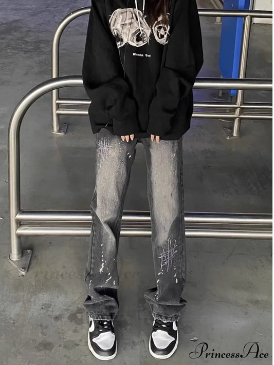 Vintage Black Print Speckled Ink Wide Leg Loose Straight Floor Sweeping Jean / S