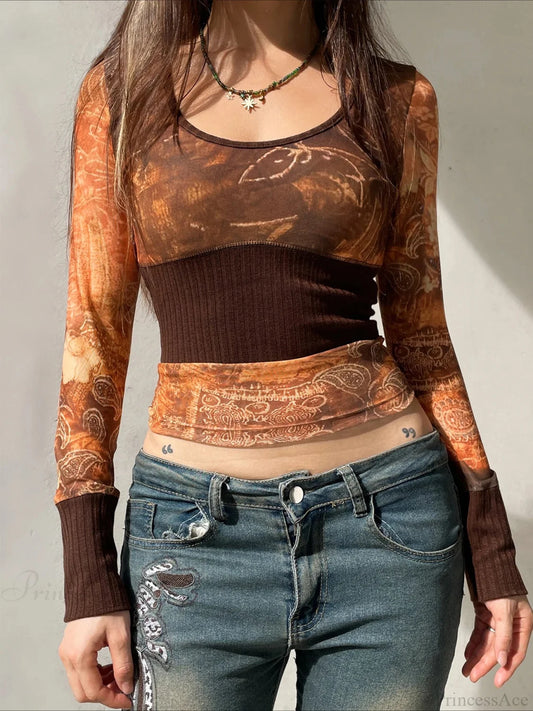 Vintage Patchwork Mesh See-Through Slim Square Collar Long Sleeve Knit Top Brown / S knittop-250126