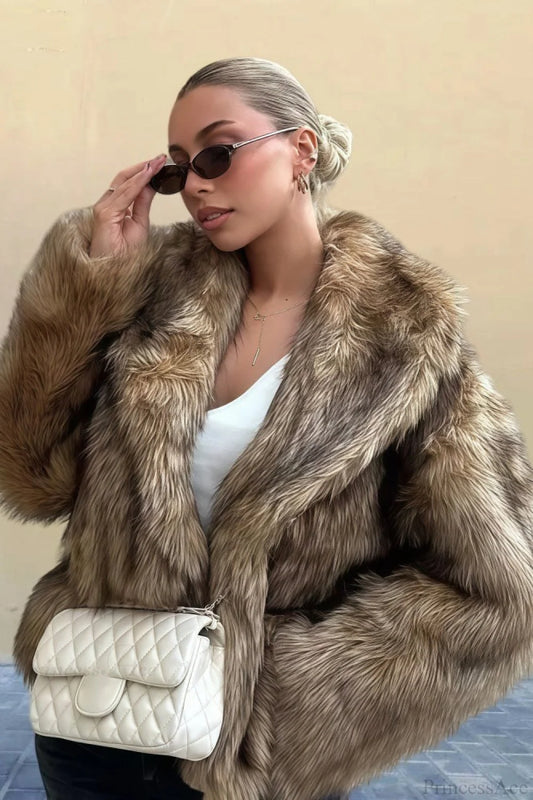 Vintage Solid Color Faux Fur Minimalist Coat Khaki / XS