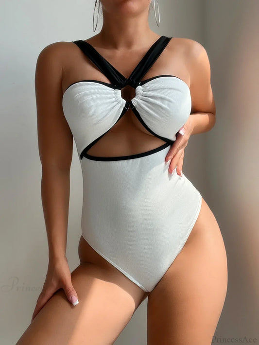 White Black Patchwork Metal Ring One Piece WHITE / S onepiece-250223