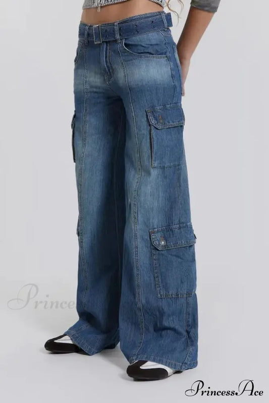 Wide Leg High Waist Patchwork Baggy Cargo Streetwear Y2K Vintage Denim Jean Stylish Loose Solid
