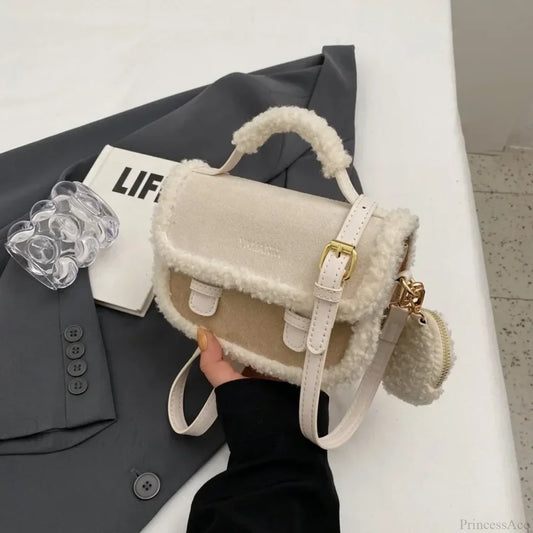 Winter Plush Small Square Crossbody Handbag Beige handbag-250126