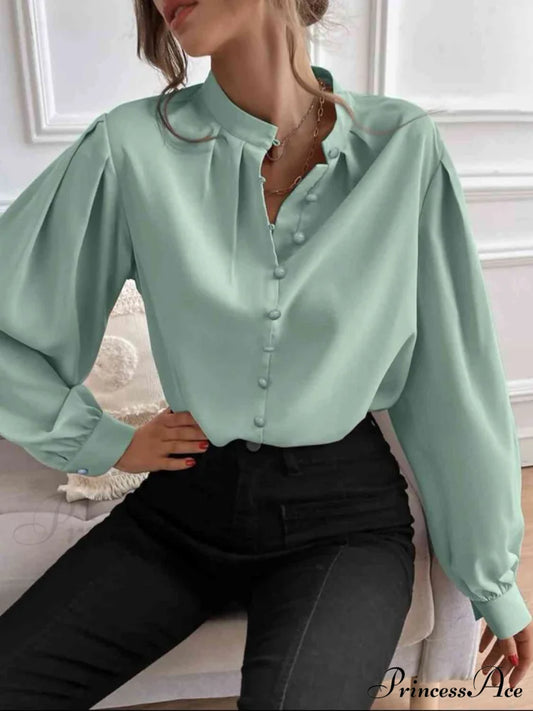 Mock Neck Button Front Long Sleeve Shirt Gum Leaf clothes G@S long sleeve shirt long sleeve shirts long sleeve top long sleeve tops Ship From Overseas shirt shirts tops Tops/Blouses